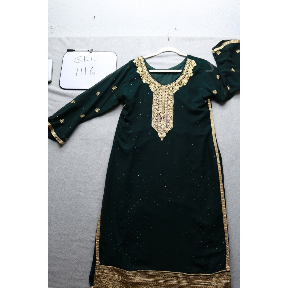 Unbranded Salwar Kameez Women M Green Gold Embroidered Sequin Tunic Kurti 1116
